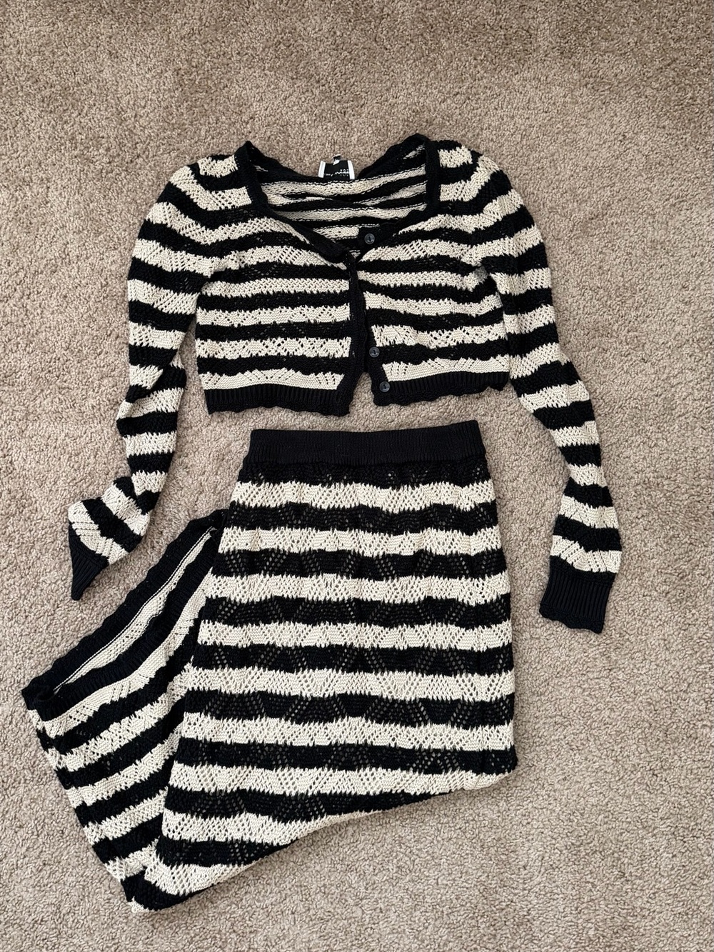 Striped Black and Cream Knit Cardigan & Skirt Set - Women's Two-Piece